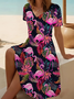 Damen Flamingo Sommer Print Kleid V-Ausschnitt Kurzarm Passen & Flare Kleid A-Linien-Kleid