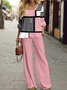 Damen Abstrakt Grafik Rundhals Langarm Bequem Lässig Tasche Patchwork Bluse mit Hose Zweiteiliges Set