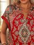 Lässig Geblümt V-Ausschnitt Kurzarm T-Shirt