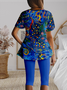 Damen Geblümt Zweiteiliges Set Täglich Kurzarm Lässig Sommer Bluse mit Hose Matching Set