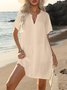 Damen Unifarben Sommer Kleid V-Ausschnitt Kurzarm Etuikleid H-Linie Kleid