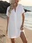 Damen Unifarben Sommer Kleid V-Ausschnitt Kurzarm Etuikleid H-Linie Kleid
