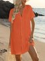 Damen Unifarben Sommer Kleid V-Ausschnitt Kurzarm Etuikleid H-Linie Kleid