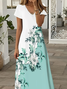 Damen Geblümt Sommer Print Kleid V-Ausschnitt Kurzarm X-Linie Kleid