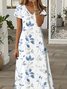 Damen Geblümt Sommer Print Kleid V-Ausschnitt Kurzarm X-Linie Kleid