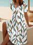 Damen Blätter Sommer Print Kleid V-Ausschnitt Kurzarm Passen & Flare Kleid A-Linien-Kleid