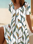 Damen Blätter Sommer Print Kleid V-Ausschnitt Kurzarm Passen & Flare Kleid A-Linien-Kleid