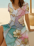 Damen Geblümt Sommer Print Kleid V-Ausschnitt Kurzarm Passen & Flare Kleid A-Linien-Kleid