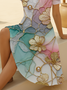 Damen Geblümt Sommer Print Kleid V-Ausschnitt Kurzarm Passen & Flare Kleid A-Linien-Kleid