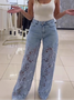Hohe Taille Hose mit Weitem Bein für Damen modisch Temperament Vielseitig Hohl Spitze Spleißen Denim drapieren Hose