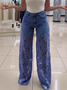 Hohe Taille Hose mit Weitem Bein für Damen modisch Temperament Vielseitig Hohl Spitze Spleißen Denim drapieren Hose