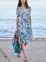 Damen Geblümt Sommer Kleid Rundhals Kurzarm A-Linien-Kleid