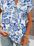 Lässig Geblümt V-Ausschnitt Kurzarm T-Shirt