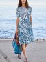 Damen Geblümt Sommer Kleid Rundhals Kurzarm A-Linien-Kleid
