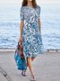 Damen Geblümt Sommer Kleid Rundhals Kurzarm A-Linien-Kleid