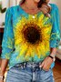Lässig Geblümt V-Ausschnitt Langarm T-Shirt