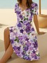 Damen Geblümt Sommer Print Kleid V-Ausschnitt Kurzarm Passen & Flare Kleid A-Linien-Kleid