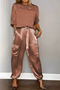 Damen Unifarben Taschennähen Zweiteiliges Set Täglich Halbarm Lässig Sommer Bluse mit Hose Matching Set