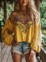Schulterfrei Ballon-Ärmel Langarm Geblümt Pullover Print Leicht Weit Bluse für Damen
