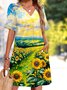 Damen Unifarben Sommer Kleid V-Ausschnitt Kurzarm Passen & Flare Kleid A-Linien-Kleid