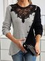 Schmal Passen Spitze Rundhals Farbe Matching Gerippt Kreuz Saum Langarm Gestrickt Elegant Pendler T-Shirt Oberteile