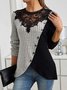 Schmal Passen Spitze Rundhals Farbe Matching Gerippt Kreuz Saum Langarm Gestrickt Elegant Pendler T-Shirt Oberteile