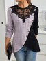 Schmal Passen Spitze Rundhals Farbe Matching Gerippt Kreuz Saum Langarm Gestrickt Elegant Pendler T-Shirt Oberteile
