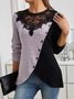 Schmal Passen Spitze Rundhals Farbe Matching Gerippt Kreuz Saum Langarm Gestrickt Elegant Pendler T-Shirt Oberteile