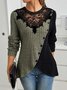Schmal Passen Spitze Rundhals Farbe Matching Gerippt Kreuz Saum Langarm Gestrickt Elegant Pendler T-Shirt Oberteile