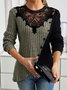 Schmal Passen Spitze Rundhals Farbe Matching Gerippt Kreuz Saum Langarm Gestrickt Elegant Pendler T-Shirt Oberteile