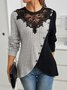 Schmal Passen Spitze Rundhals Farbe Matching Gerippt Kreuz Saum Langarm Gestrickt Elegant Pendler T-Shirt Oberteile