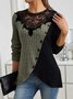 Schmal Passen Spitze Rundhals Farbe Matching Gerippt Kreuz Saum Langarm Gestrickt Elegant Pendler T-Shirt Oberteile