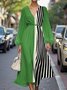 Damen Gestreift Puffärmel Frühling/Herbst Kleid V-Ausschnitt Langarm A-Linien-Kleid