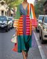 Damen Gestreift Puffärmel Frühling/Herbst Kleid V-Ausschnitt Langarm A-Linien-Kleid