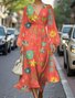 Damen Gestreift Puffärmel Frühling/Herbst Kleid V-Ausschnitt Langarm A-Linien-Kleid
