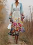Damen Geblümt Puffärmel Frühling/Herbst Kleid V-Ausschnitt Langarm A-Linien-Kleid
