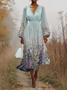 Damen Geblümt Puffärmel Frühling/Herbst Kleid V-Ausschnitt Langarm A-Linien-Kleid