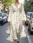 Damen Geblümt Puffärmel Frühling/Herbst Kleid V-Ausschnitt Langarm A-Linien-Kleid