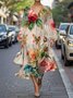Damen Geblümt Puffärmel Frühling/Herbst Kleid V-Ausschnitt Langarm A-Linien-Kleid