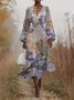 Damen Geblümt Puffärmel Frühling/Herbst Kleid V-Ausschnitt Langarm A-Linien-Kleid