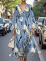 Damen Geblümt Puffärmel Frühling/Herbst Kleid V-Ausschnitt Langarm A-Linien-Kleid