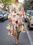 Damen Geblümt Puffärmel Frühling/Herbst Kleid V-Ausschnitt Langarm A-Linien-Kleid