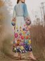Damen Geblümt Puffärmel Frühling/Herbst Kleid V-Ausschnitt Langarm A-Linien-Kleid