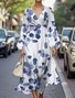 Damen Geblümt Puffärmel Frühling/Herbst Kleid V-Ausschnitt Langarm A-Linien-Kleid