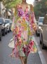 Damen Geblümt Puffärmel Frühling/Herbst Kleid V-Ausschnitt Langarm A-Linien-Kleid