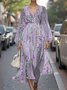 Damen Gestreift Puffärmel Frühling/Herbst Kleid V-Ausschnitt Langarm A-Linien-Kleid