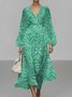 Damen Geblümt Puffärmel Frühling/Herbst Kleid V-Ausschnitt Langarm A-Linien-Kleid