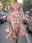 Damen Geblümt Puffärmel Frühling/Herbst Kleid V-Ausschnitt Langarm A-Linien-Kleid