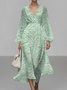 Damen Geblümt Puffärmel Frühling/Herbst Kleid V-Ausschnitt Langarm A-Linien-Kleid