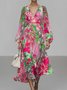 Damen Geblümt Puffärmel Frühling/Herbst Kleid V-Ausschnitt Langarm A-Linien-Kleid